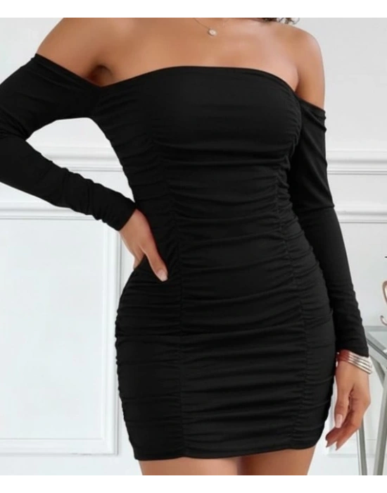 Kadın Uzun Kollu Omuzlardan Açık Takma Kollu Büzgülü Sandy Kısa Elbise