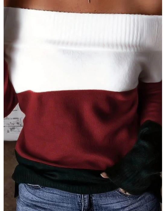 Kadın Uzun Kollu Omuzlardan Açık Uzun Kollu Blok çizgili Triko Bluz