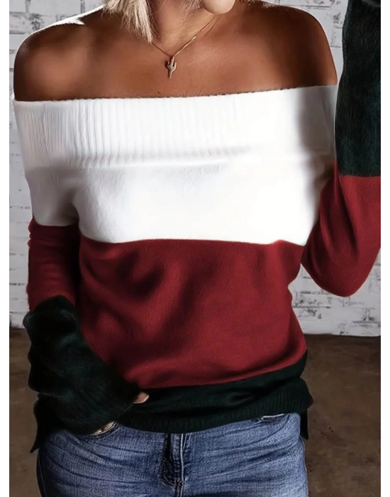 Kadın Uzun Kollu Omuzlardan Açık Uzun Kollu Blok çizgili Triko Bluz