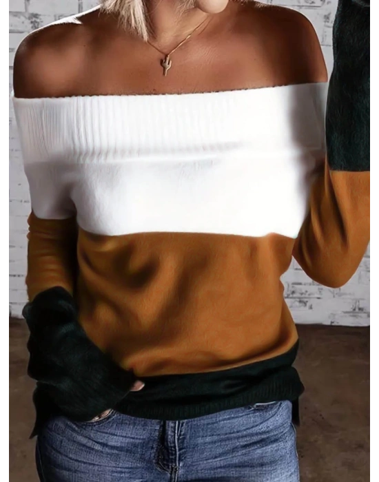 Kadın Uzun Kollu Omuzlardan Açık Uzun Kollu Blok çizgili Triko Bluz