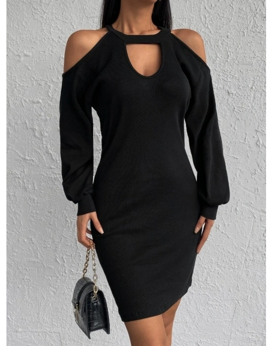 Kadın Uzun Kollu Omuzları Açık Boyundan şerit Detay Kaşkorse Elbise