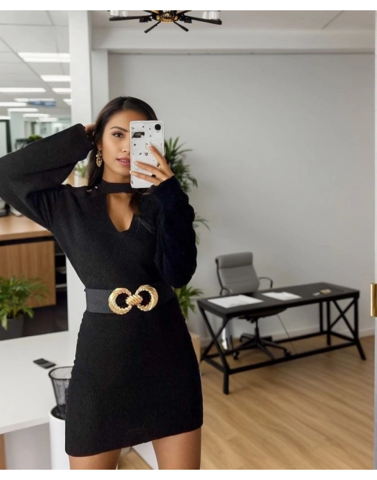 Kadın Uzun Kollu Omuzları Açık Boyundan şerit Detay Kaşkorse Elbise