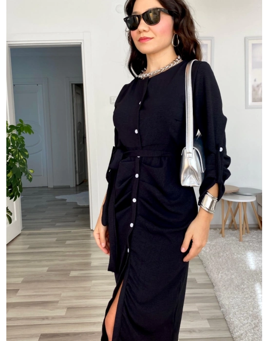 Kadın Uzun Kollu önden Düğmeli Beli Kuşaklı Aerobin Midi Elbise