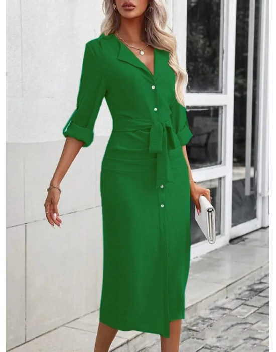 Kadın Uzun Kollu önden Düğmeli Beli Kuşaklı Aerobin Midi Elbise