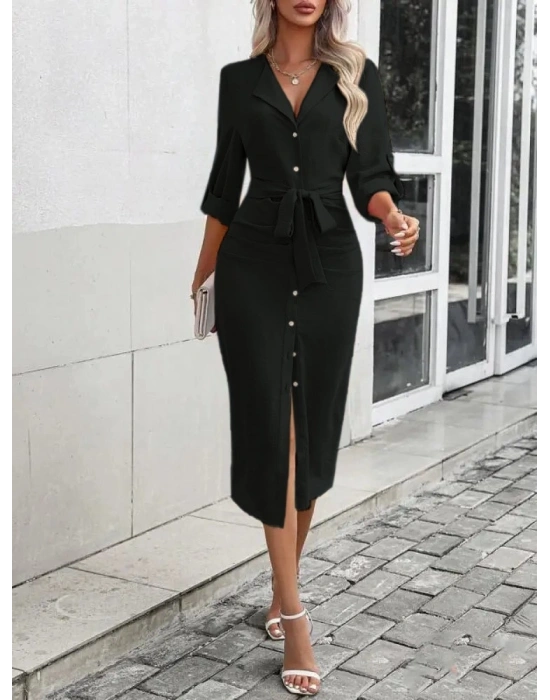 Kadın Uzun Kollu önden Düğmeli Beli Kuşaklı Aerobin Midi Elbise