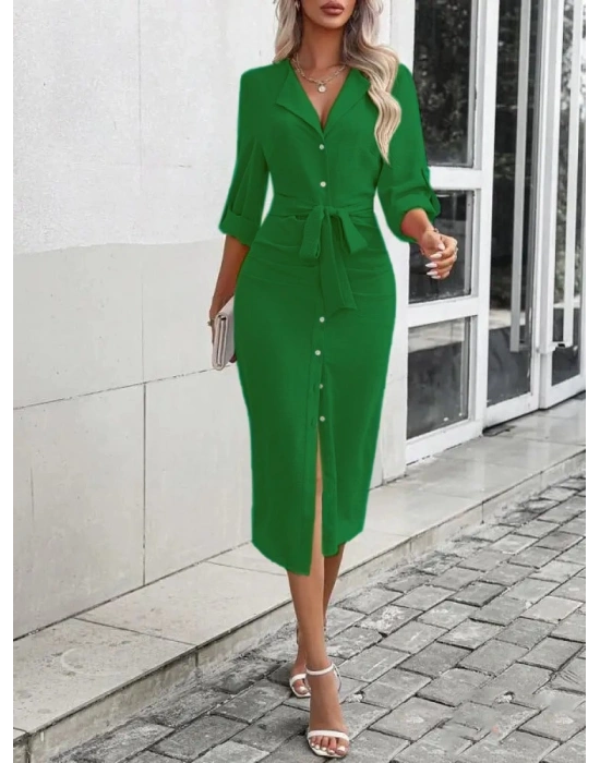 Kadın Uzun Kollu önden Düğmeli Beli Kuşaklı Aerobin Midi Elbise