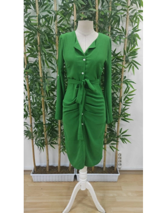 Kadın Uzun Kollu önden Düğmeli Beli Kuşaklı Aerobin Midi Elbise