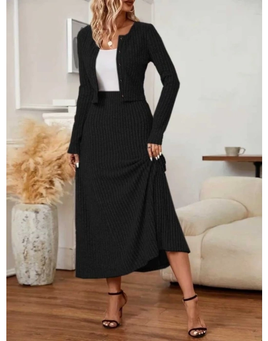 Kadın Uzun Kollu önden Düğmeli Bluz Ve Yüksek Bel A Kesim Uzun Etek şardonlu Kaşkorse Ikili Takım