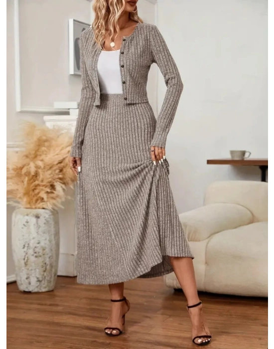 Kadın Uzun Kollu önden Düğmeli Bluz Ve Yüksek Bel A Kesim Uzun Etek şardonlu Kaşkorse Ikili Takım