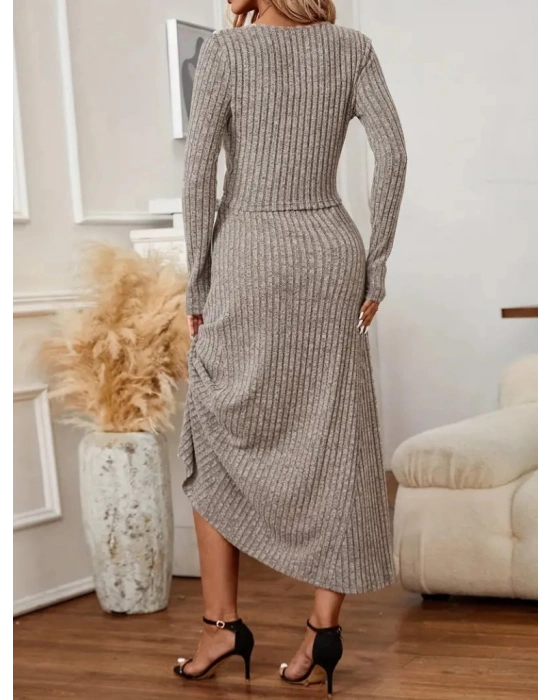 Kadın Uzun Kollu önden Düğmeli Bluz Ve Yüksek Bel A Kesim Uzun Etek şardonlu Kaşkorse Ikili Takım