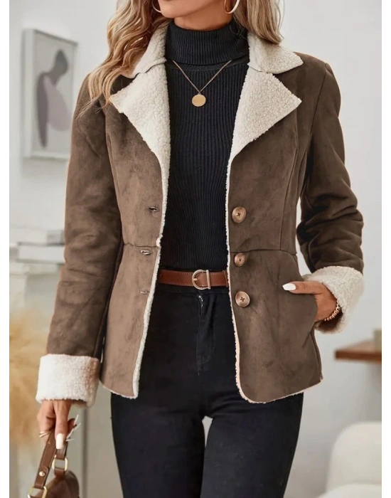 Kadın Uzun Kollu önden Düğmeli Cep Detaylı Kısa Süet Ceket
