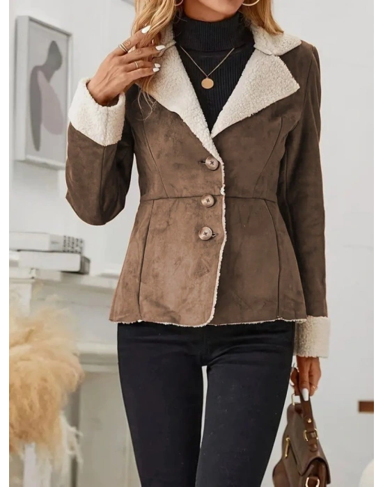 Kadın Uzun Kollu önden Düğmeli Cep Detaylı Kısa Süet Ceket