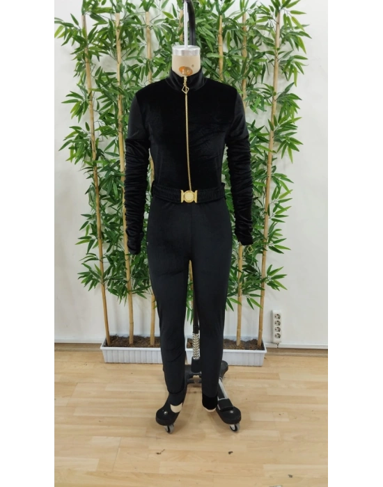 Kadın Uzun Kollu önden Fermuar Detaylı Kemerli Kadife Tulum