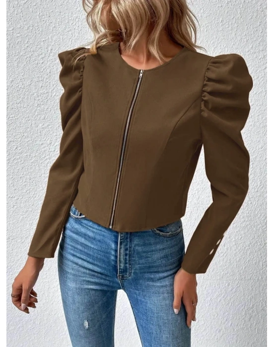Kadın Uzun Kollu önden Fermuarlı Balon Kol Süet Ceket