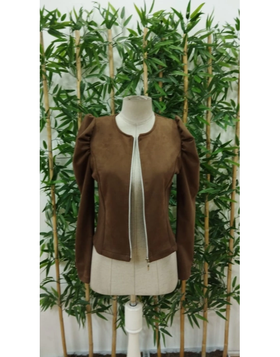 Kadın Uzun Kollu önden Fermuarlı Balon Kol Süet Ceket