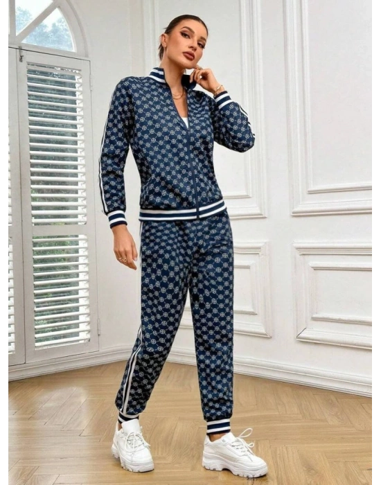 Kadın Uzun Kollu önden Fermuarlı Desenli Iki Iplik Bluz Ve Pantolon Ikili Takım