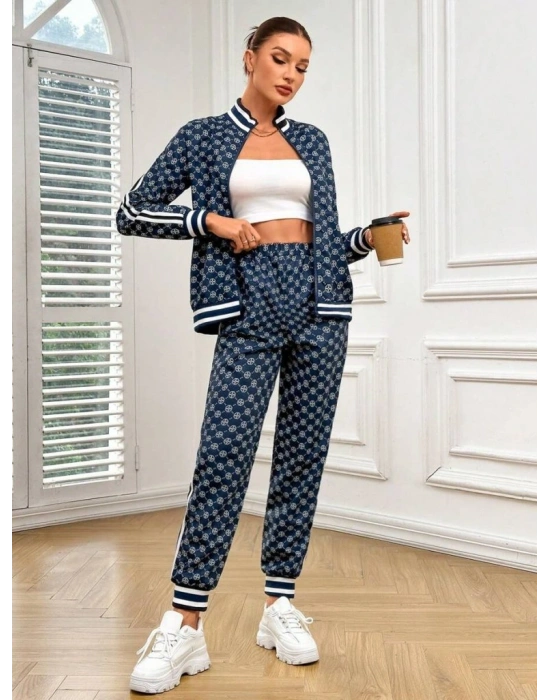 Kadın Uzun Kollu önden Fermuarlı Desenli Iki Iplik Bluz Ve Pantolon Ikili Takım