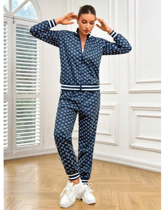 Kadın Uzun Kollu önden Fermuarlı Desenli Iki Iplik Bluz Ve Pantolon Ikili Takım