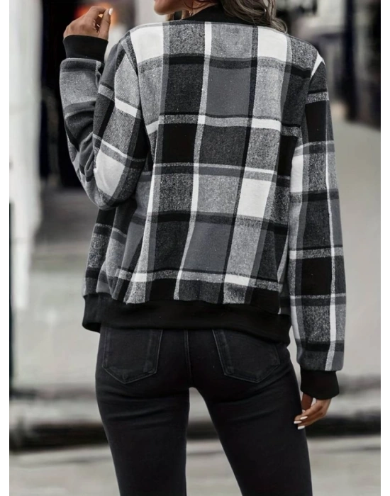 Kadın Uzun Kollu önden Fermuarlı Ekose Desenli Ceket