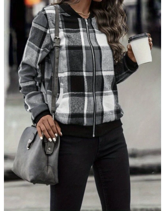 Kadın Uzun Kollu önden Fermuarlı Ekose Desenli Ceket