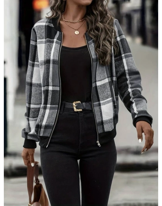 Kadın Uzun Kollu önden Fermuarlı Ekose Desenli Ceket