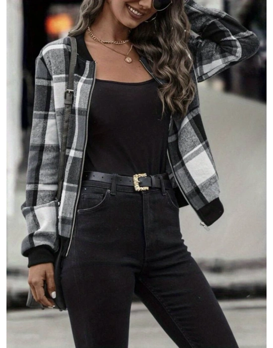 Kadın Uzun Kollu önden Fermuarlı Ekose Desenli Ceket