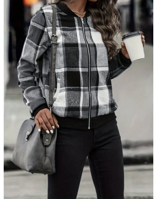 Kadın Uzun Kollu önden Fermuarlı Ekose Desenli Ceket