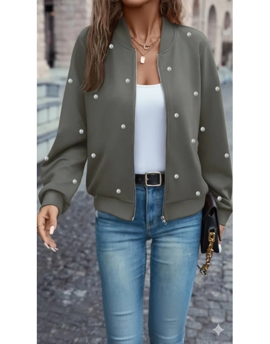 Kadın Uzun Kollu önden Fermuarlı Incili Kısa Modal Ceket