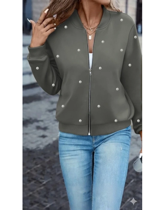 Kadın Uzun Kollu önden Fermuarlı Incili Kısa Modal Ceket