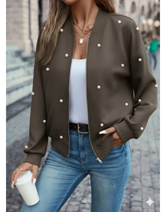 Kadın Uzun Kollu önden Fermuarlı Incili Kısa Modal Ceket