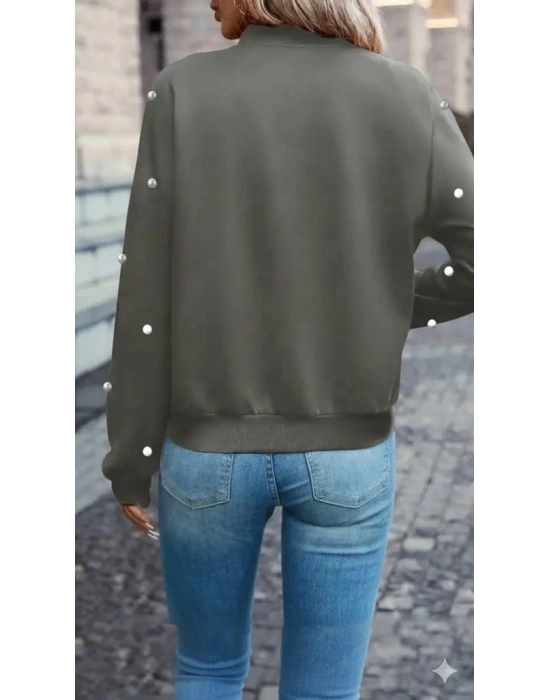 Kadın Uzun Kollu önden Fermuarlı Incili Kısa Modal Ceket