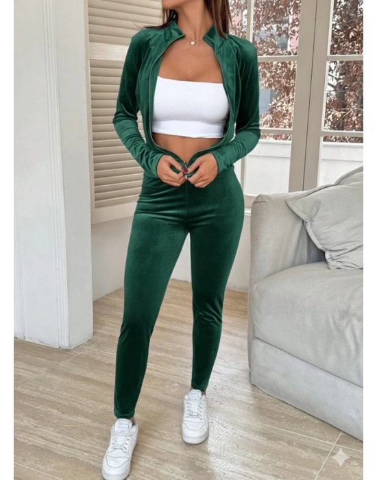 Kadın Uzun Kollu önden Fermuarlı Kadife Bluz Ve Pantolon Ikili Takım