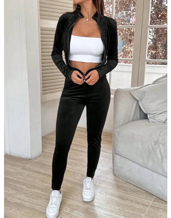 Kadın Uzun Kollu önden Fermuarlı Kadife Bluz Ve Pantolon Ikili Takım