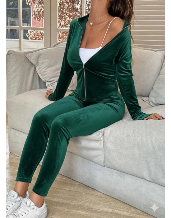 Kadın Uzun Kollu önden Fermuarlı Kadife Bluz Ve Pantolon Ikili Takım