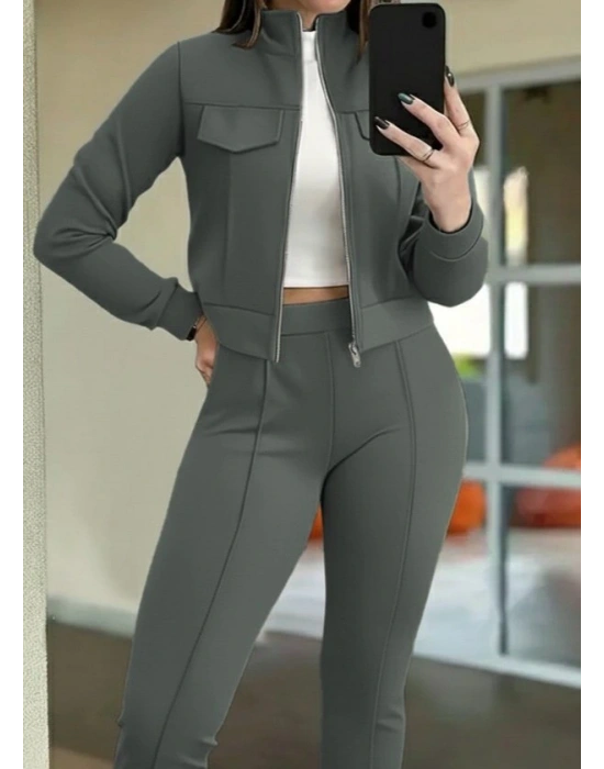 Kadın Uzun Kollu önden Fermuarlı Kısa Modal Ceket Ve Pantolon Ikili Takım