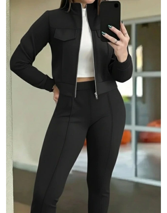 Kadın Uzun Kollu önden Fermuarlı Kısa Modal Ceket Ve Pantolon Ikili Takım