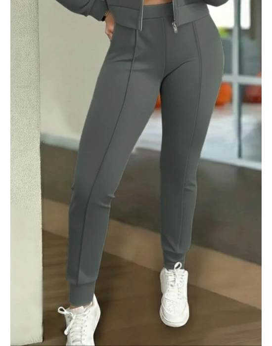 Kadın Uzun Kollu önden Fermuarlı Kısa Modal Ceket Ve Pantolon Ikili Takım