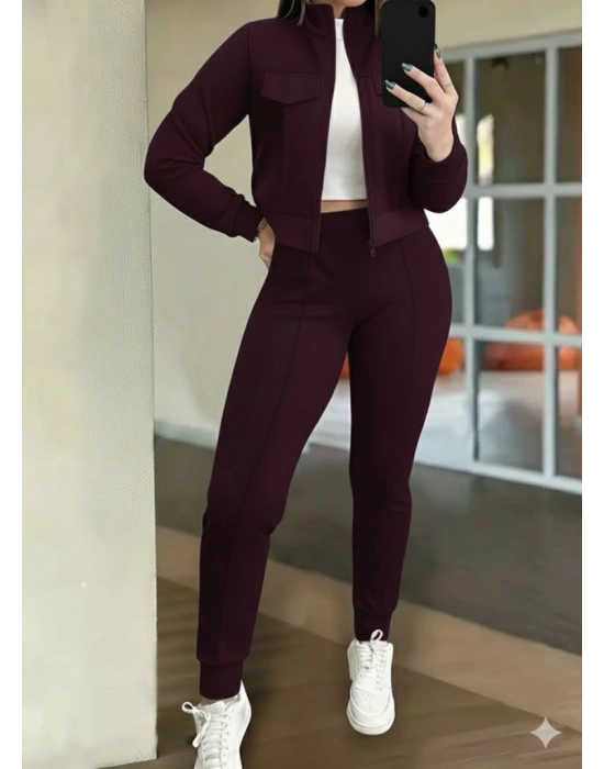 Kadın Uzun Kollu önden Fermuarlı Kısa Modal Mor Ceket Ve Pantolon Ikili Takım