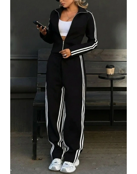 Kadın Uzun Kollu önden Fermuarlı Kısa Viskon Iki Iplik Bluz Ve Pantolon Ikili Takım