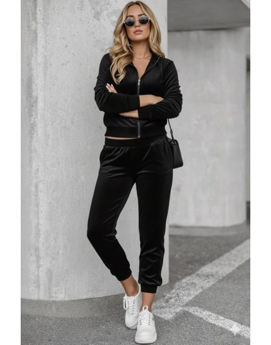 Kadın Uzun Kollu önden Fermuarlı Krop Kadife Ceket Ve Pantolon Ikili Takım