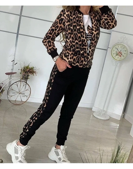 Kadın Uzun Kollu önden Fermuarlı Leopar Desen Detaylı Viskon Iki Iplik Kumaş Ikili Takım