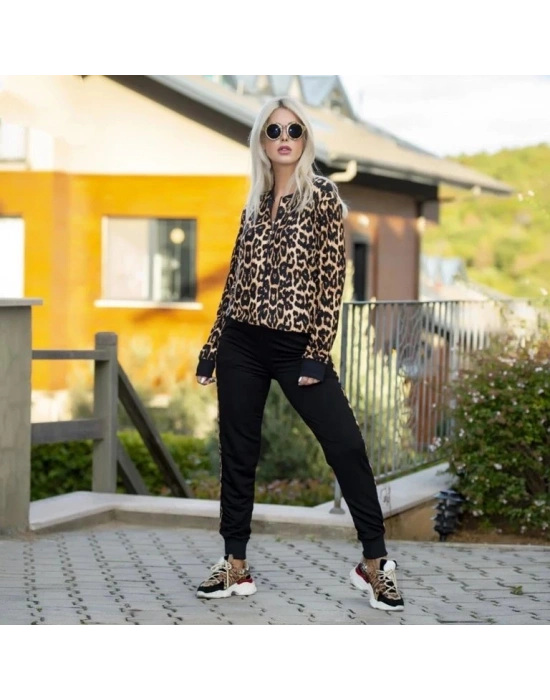 Kadın Uzun Kollu önden Fermuarlı Leopar Desen Detaylı Viskon Iki Iplik Kumaş Ikili Takım