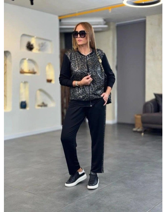 Kadın Uzun Kollu önden Fermuarlı Leopar Desenli Viskon Iki Iplik Bluz Ve Pantolon Ikili Takım