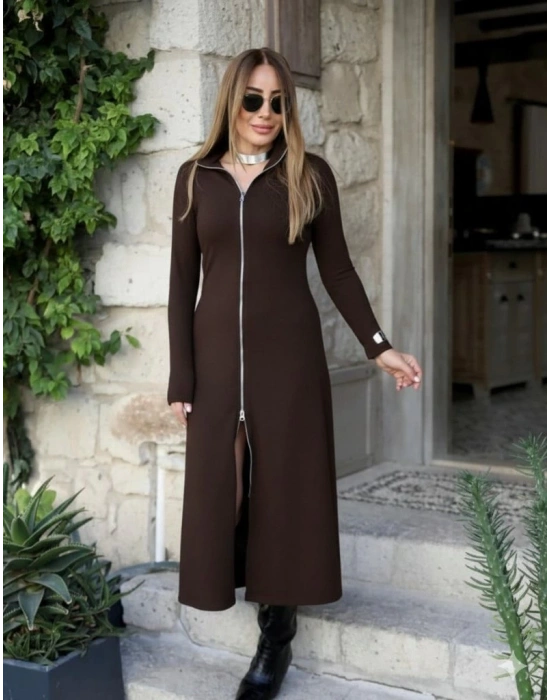 Kadın Uzun Kollu önden Fermuarlı Maxi Viskon Iki Iplik Elbise