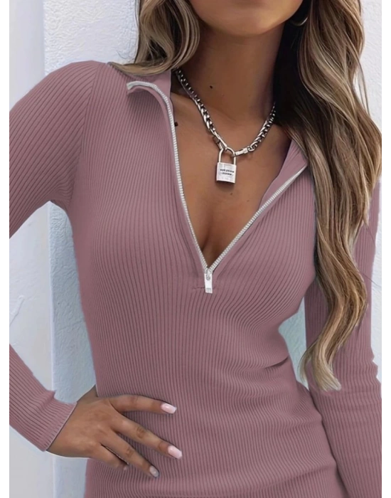 Kadın Uzun Kollu önden Fermuarlı Mini Kaşkorse Elbise