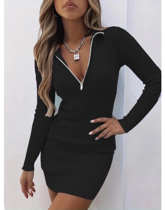 Kadın Uzun Kollu önden Fermuarlı Mini Kaşkorse Elbise