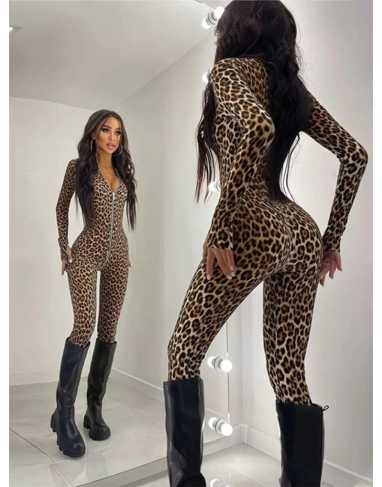 Kadın Uzun Kollu önden Fermuarlı Parmaktan Geçmeli Leopar Desenli Dalgıç Tulum