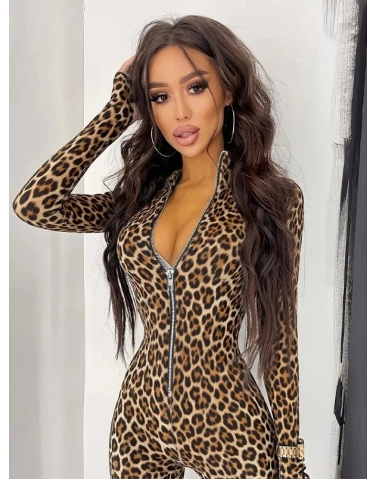 Kadın Uzun Kollu önden Fermuarlı Parmaktan Geçmeli Leopar Desenli Dalgıç Tulum