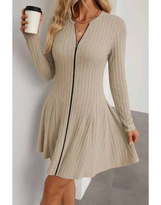 Kadın Uzun Kollu önden Fermuarlı Pileli şardonlu Kaşkorse Mini Elbise