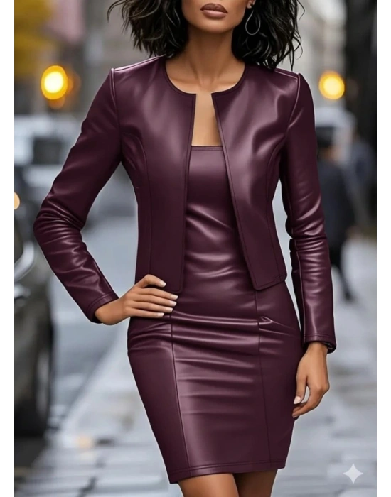 Kadın Uzun Kollu önü Açık Deri Ceket Ve Askılı Yuvarlak Yakalı Mini Elbise Ikili Takım